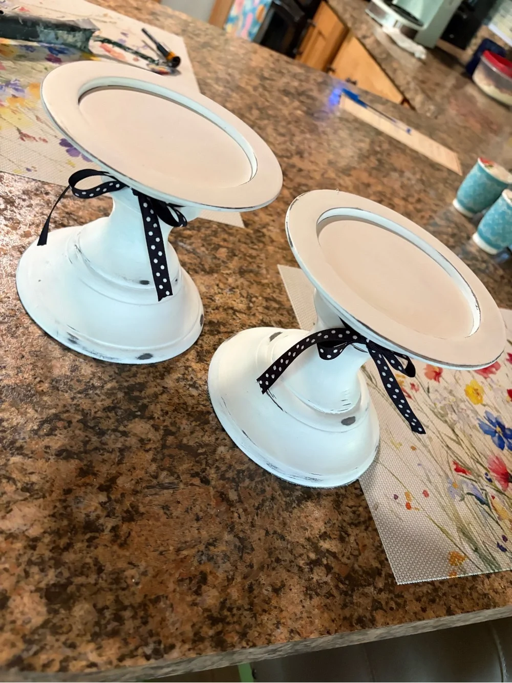 Pottery Barn White Distressed Pedestal Candle Holders (Pair)